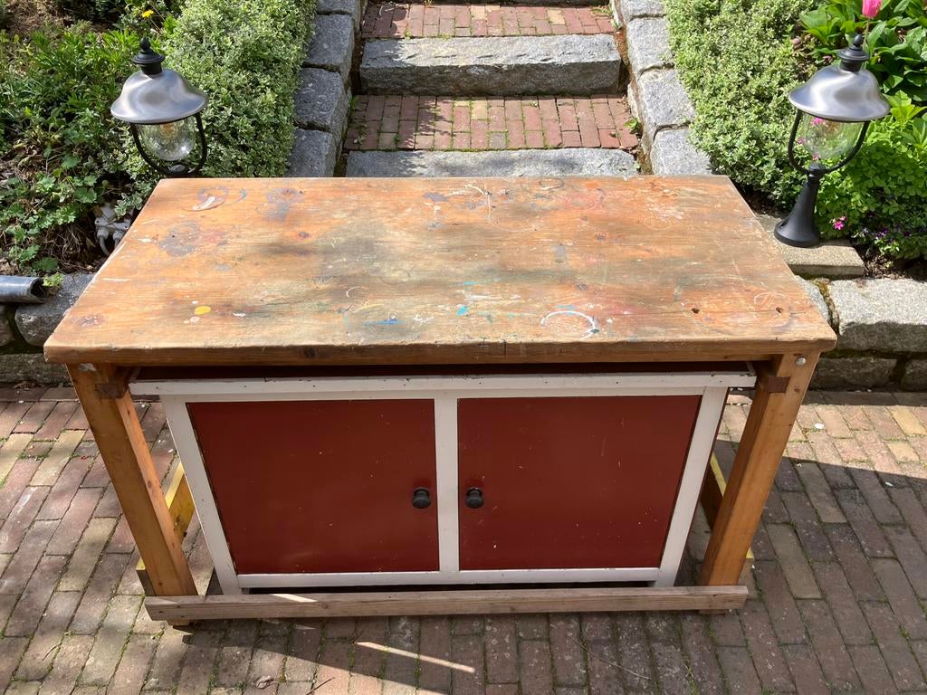 Oude werkbank/tafel met losse onderkast, Ophalen, Gebruikt, 70 tot 120 cm