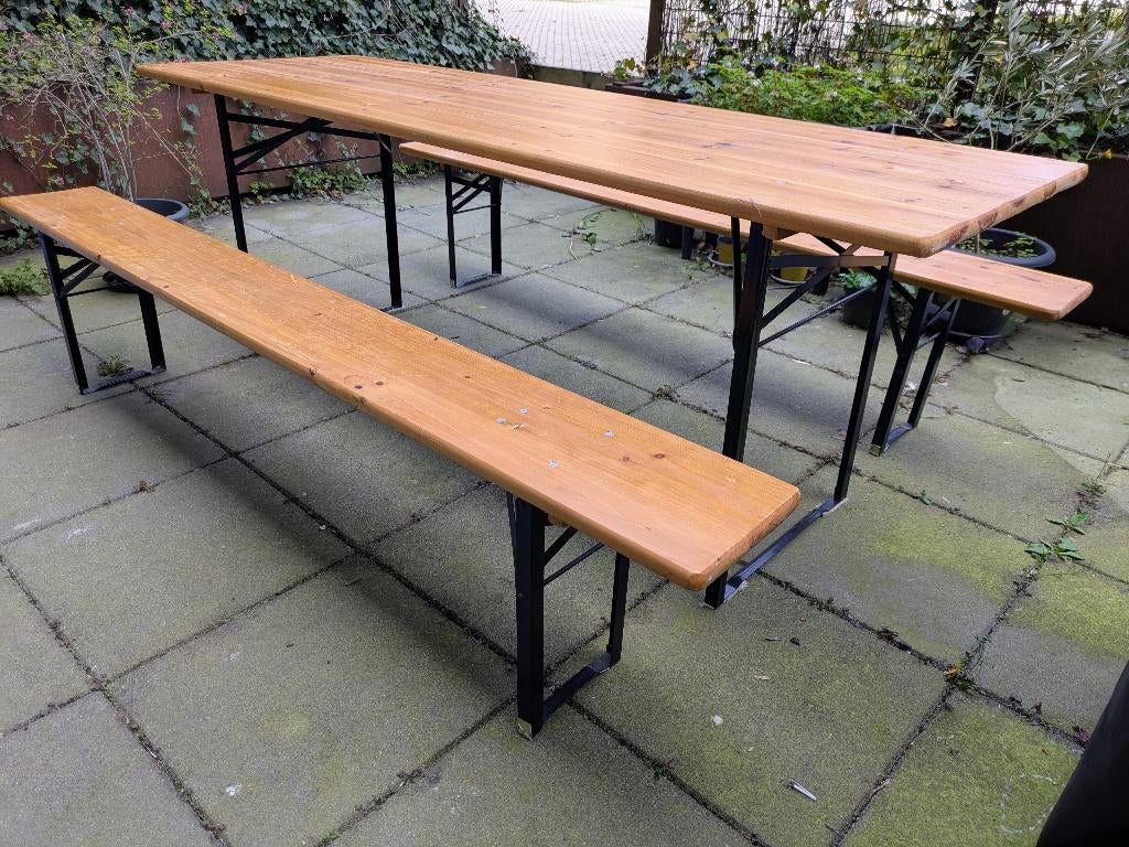 Biertafel set 215x68 cm met 2 banken – inklapbaar, Gebruikt, Ophalen of Verzenden, Inklapbaar, Rechthoekig