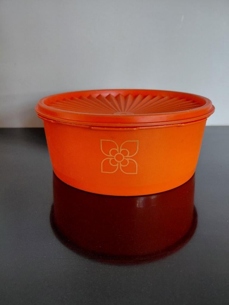 Retro tupperware koektrommel, Ophalen of Verzenden, Zo goed als nieuw, Oranje, Bus of Trommel