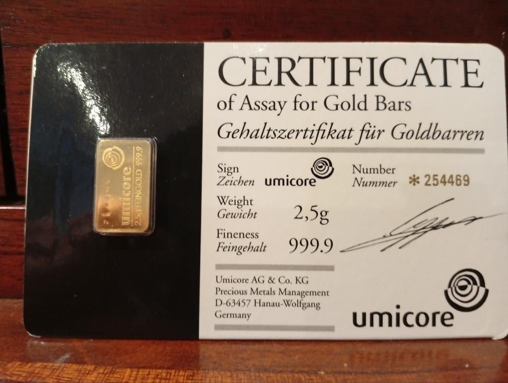 2,5g Goudbaar 999 Umicore LBMA, Ophalen of Verzenden, Goud