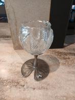 Glazen theelichthouder met tinnen kikker op waterlelie, Ophalen of Verzenden