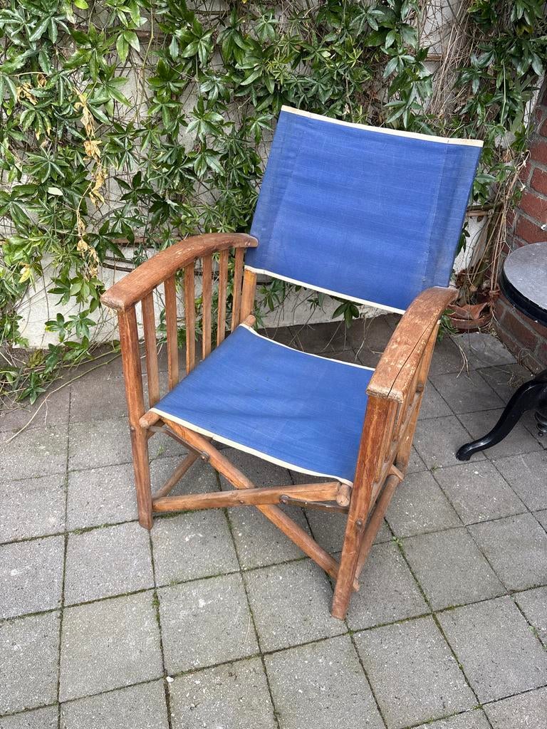 Vintage houten regisseursstoel met blauwe stof, Ophalen of Verzenden, Gebruikt, Hout, Inklapbaar