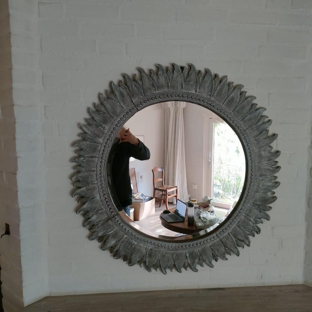 Ronde zonnespiegel – grijs/zilverkleurig, brocante stijl, Huis en Inrichting, Ophalen, Zo goed als nieuw