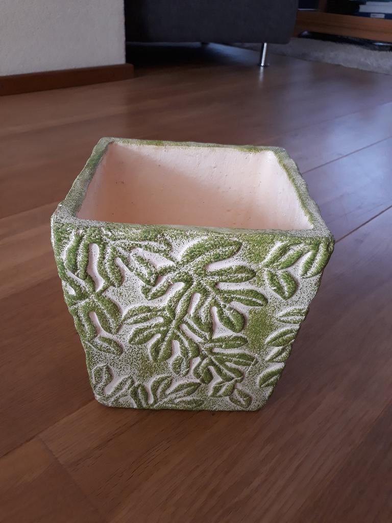 vierkante bloempot met groen bladmotief, Rond, Ophalen of Verzenden, Zo goed als nieuw, Balkon