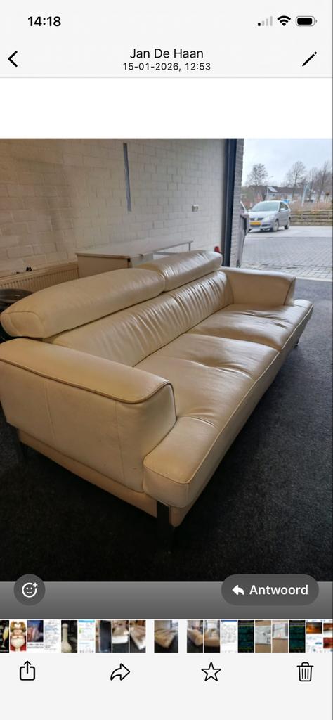 Leren 3-persoonsbank gebroken wit, Huis en Inrichting, Gebruikt, Driepersoons, Ophalen of Verzenden, Minder dan 150 cm