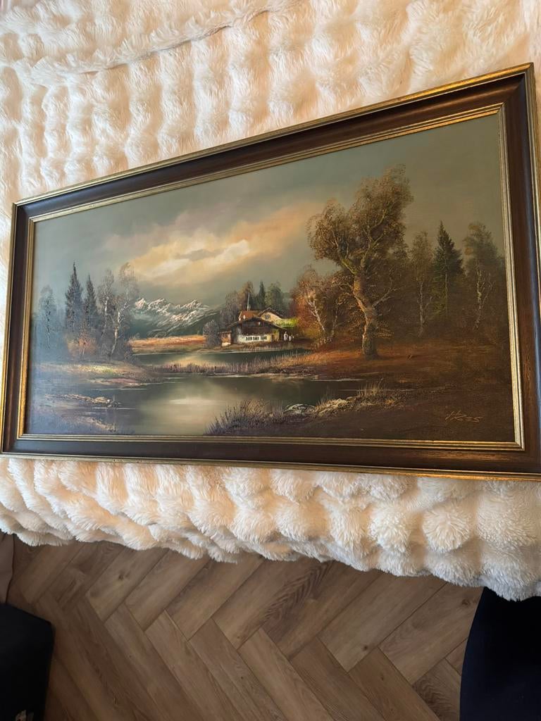 Groot olieverf schilderij landschap met lijst, Antiek en Kunst, Ophalen of Verzenden