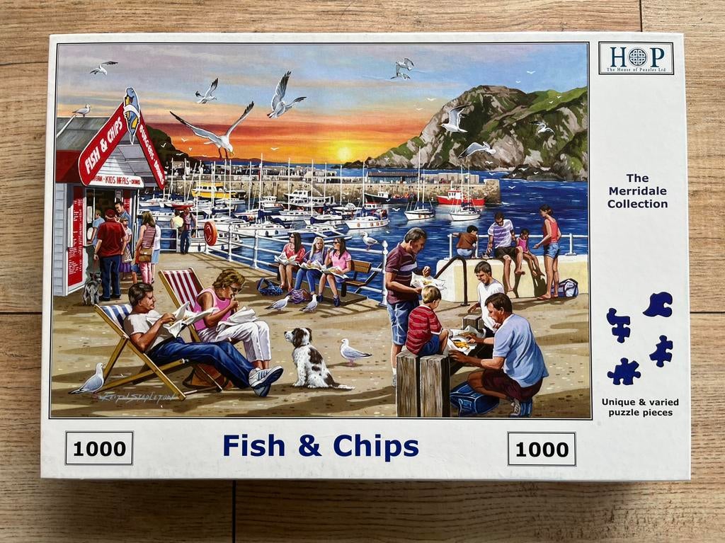 House of puzzles/HOP puzzel 1000 stukjes Fish & Chips, Ophalen of Verzenden, 500 t/m 1500 stukjes, Zo goed als nieuw