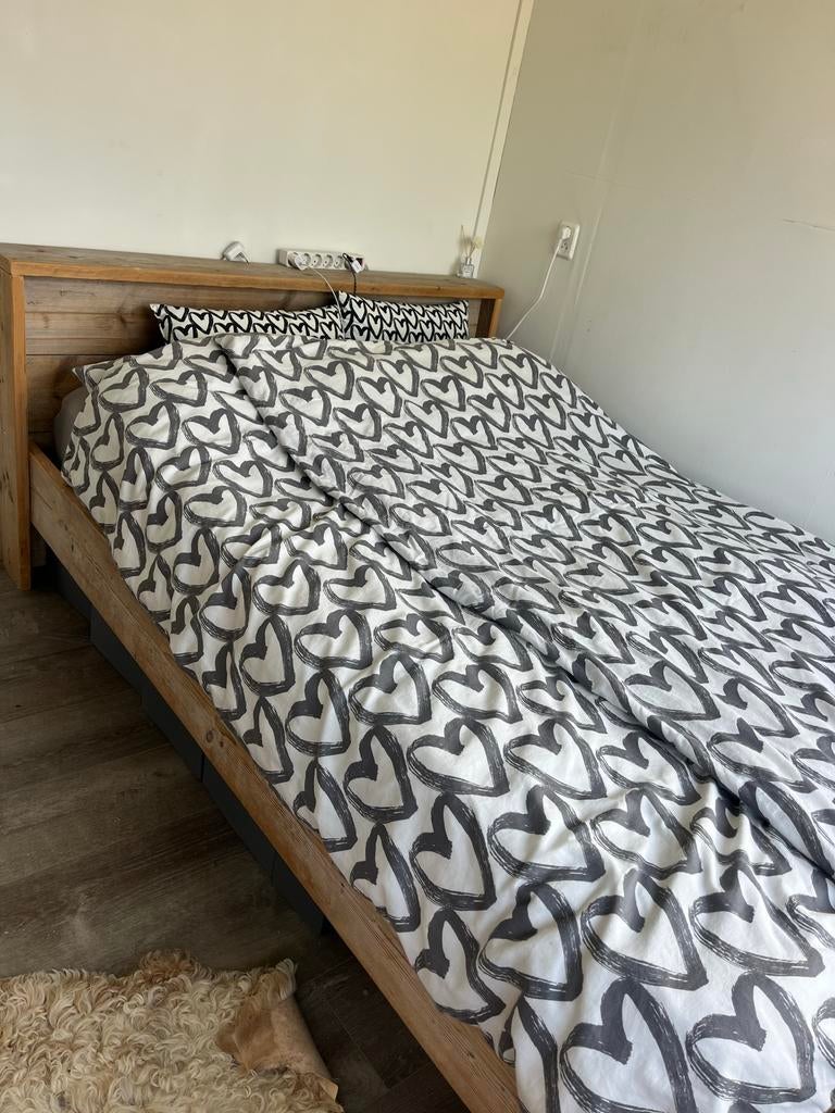 Steigerhoutenbed met lattenbodem, Ophalen, Gebruikt, Bruin, Steigerhout