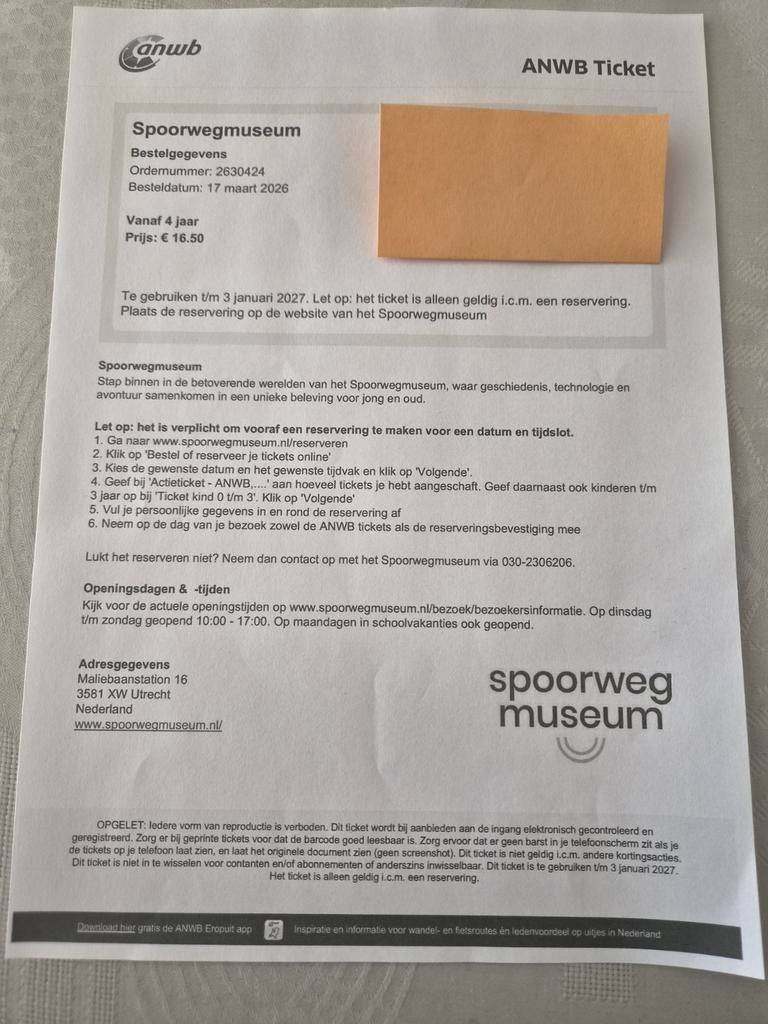 Kaartje spoorwegmuseum Utrecht, Tickets en Kaartjes, Eén persoon, Ticket of Toegangskaart