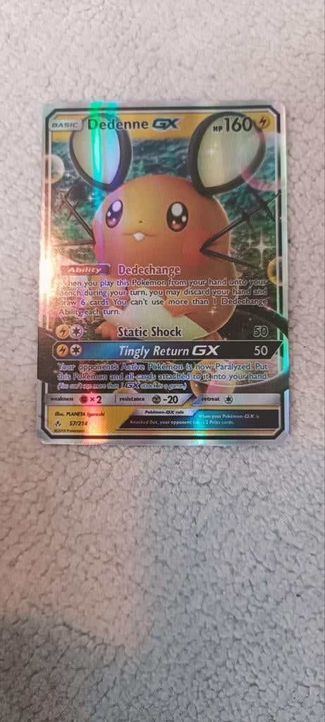 Dedenne GX 57/214 Pokémon Kaart - Sun & Moon Unbroken Bonds, Ophalen of Verzenden, Zo goed als nieuw, Losse kaart, Foil
