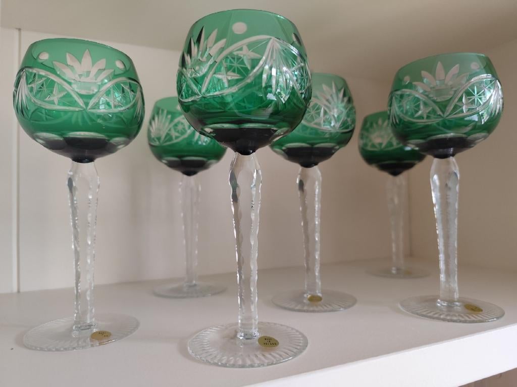 6 Hoogwaardig loodkristallen gekleurde bohemian wijnglazen, Ophalen of Verzenden, Zo goed als nieuw, Overige typen