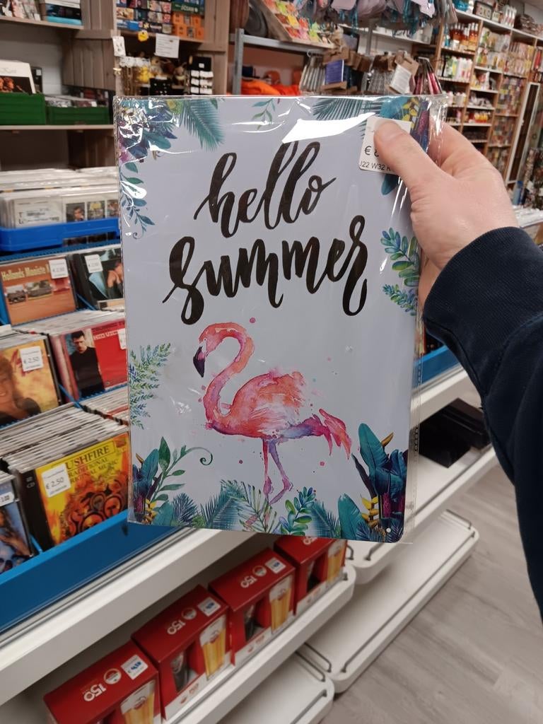 Metalen bordje 'Hello Summer' met flamingo decoratie, Metaal, Onbekend@voorbeeld.com, Meerkleurig, Onbekend