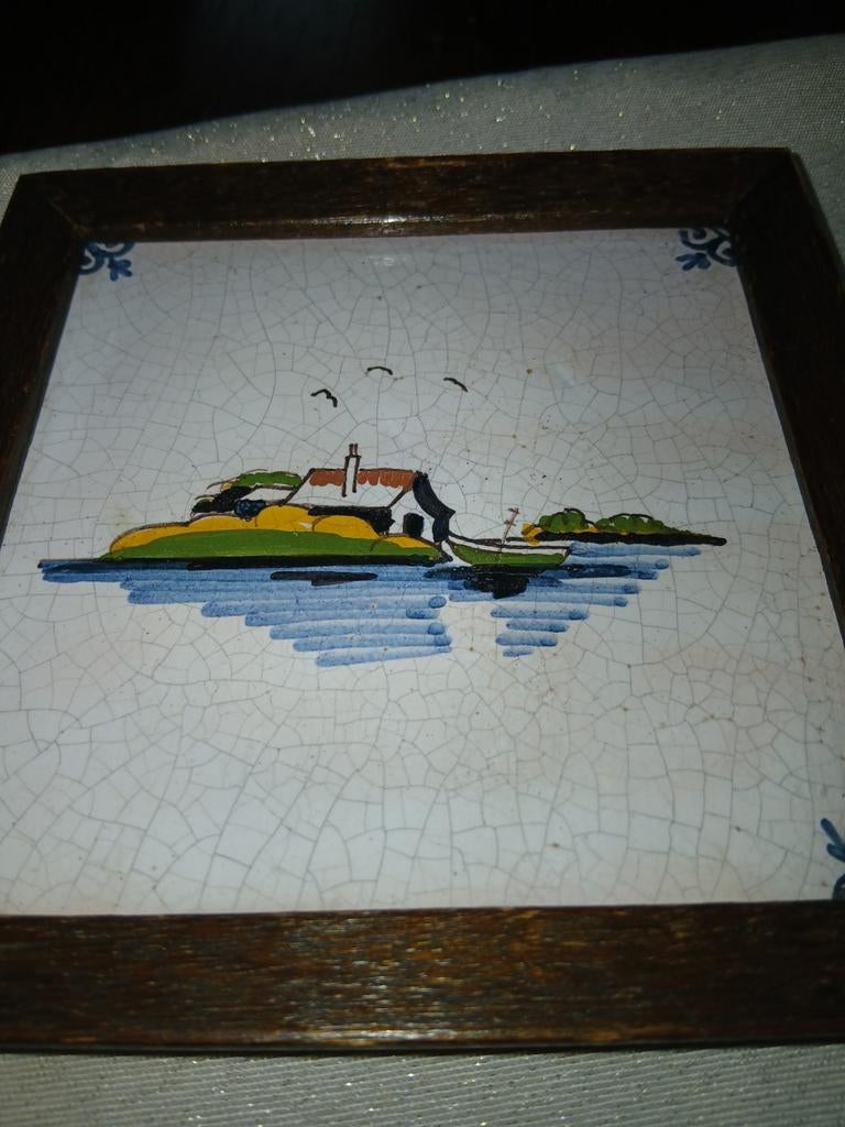 Vintage ingelijste en zonder tegels met Hollands landschap, Antiek en Kunst, Antiek | Wandborden en Tegels, Ophalen of Verzenden