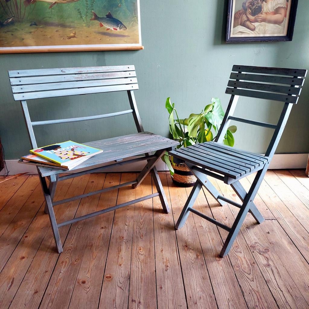 Lucky Vintage Shabby Chic brocante set: bankje en stoel, Gebruikt, ., Ophalen of Verzenden, .