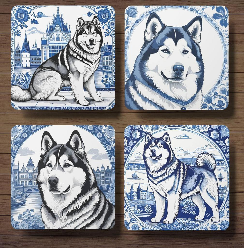 Malamute Delfts Blauw onderzetters met houder, Ophalen of Verzenden, Nieuw, Glas of Kopje