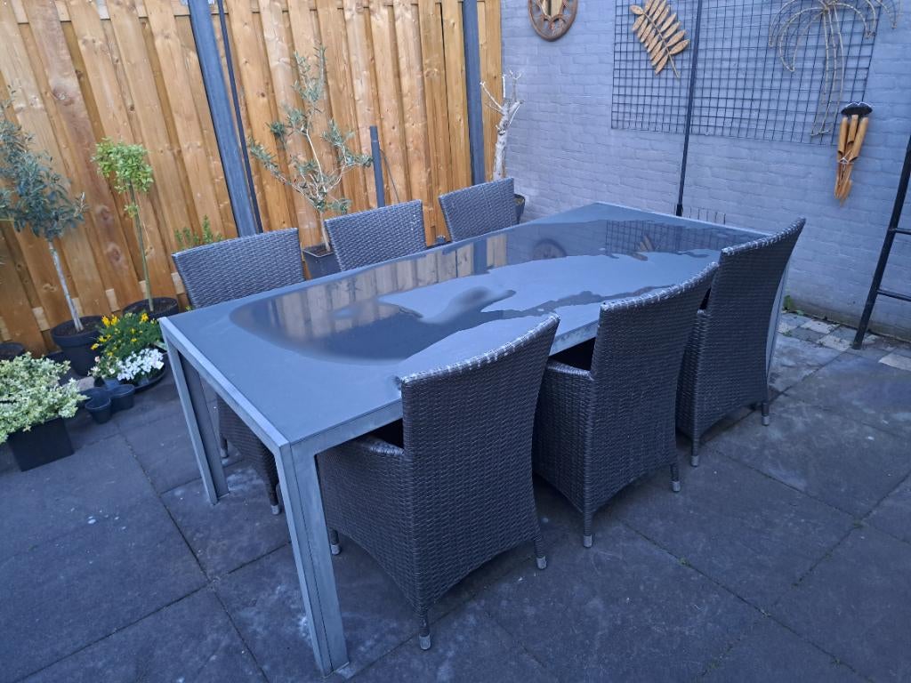 Tuinset- tafel en stoelen, Tuin en Terras, Ophalen, Gebruikt, Rechthoekig, Wicker