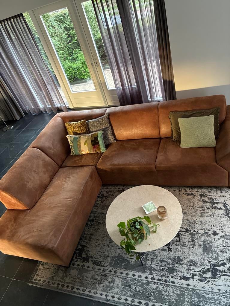 Cognac bruine hoekbank, Huis en Inrichting, Banken | Bankstellen, 250 tot 300 cm, Gebruikt, Hoekbank, Driepersoons