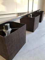 Eettafellamp met 3 bruine lampenkappen, Huis en Inrichting, Lampen | Hanglampen, Ophalen, Zo goed als nieuw, Metaal, 75 cm of meer