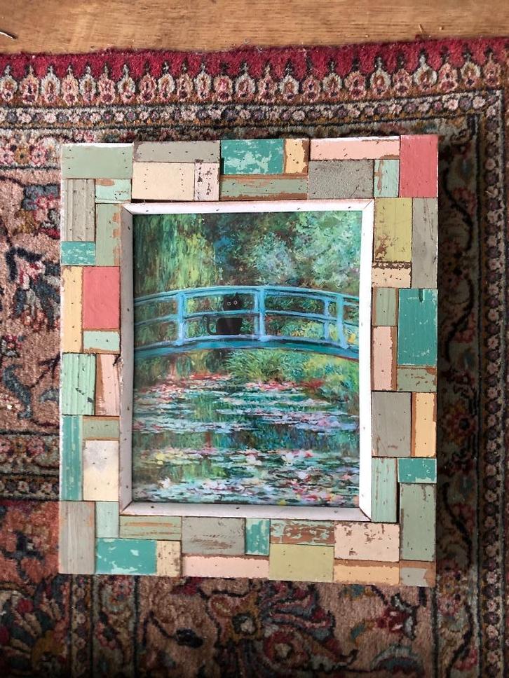 Ingelijst canvasdoek – Monet stijl met kat, Huis en Inrichting, Woonaccessoires | Schilderijen, Tekeningen en Foto's, Schilderij