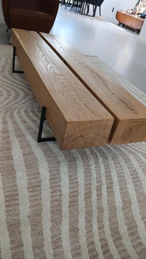 Massief eiken balken salontafel modern, Huis en Inrichting, Tafels | Salontafels, Zo goed als nieuw, Minder dan 50 cm, Rechthoekig