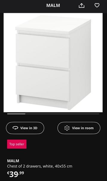 2x IKEA MALM ladekastjes wit - 40x55 cm beschikbaar voor biedingen