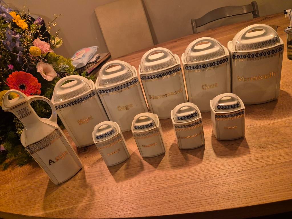 Vintage Kruiden- en Voorraadpotten Set Porselein, Ophalen of Verzenden, Gebruikt