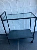 Serveerwagen bijzettafel  zwart metaal met (veiligheids)glas, Ophalen, Gebruikt, 50 tot 100 cm, Metaal