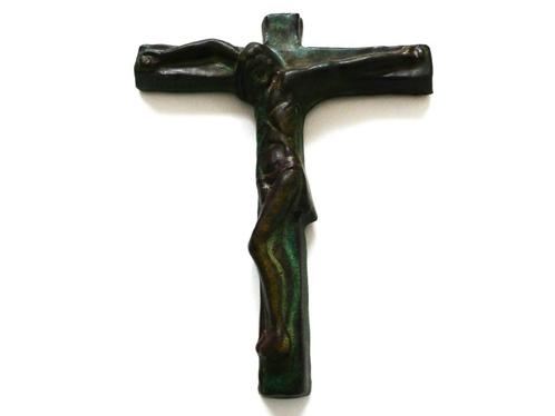 Een kruis / kruisbeeld met corpus Jezus keramiek eilat groen, Antiek en Kunst, Antiek | Religie, Ophalen of Verzenden