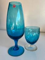 Set 2 Vintage Turquoise Glazen Bloem Vazen Empoli, Antiek en Kunst, Antiek | Glas en Kristal, Ophalen of Verzenden