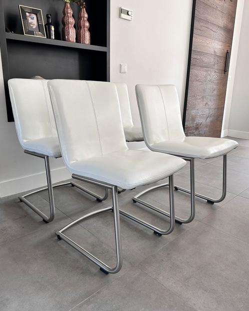 Vier wit leder Henders & Hazel design stoel rvs frame, Huis en Inrichting, Stoelen, Zo goed als nieuw, Vijf, Zes of meer stoelen