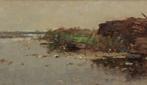 Aris Knikker (1887-1962), Rivierlandschap met roeiboot, Antiek en Kunst, Ophalen of Verzenden