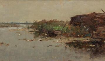 Aris Knikker (1887-1962), Rivierlandschap met roeiboot beschikbaar voor biedingen
