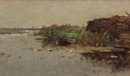 Aris Knikker (1887-1962), Rivierlandschap met roeiboot, Antiek en Kunst, Kunst | Schilderijen | Klassiek, Ophalen of Verzenden