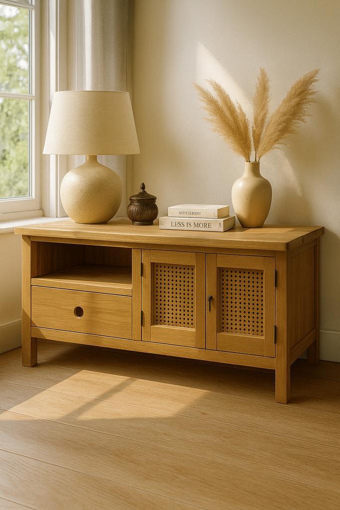 Japandi Teak TV cabinet/meubel met Rotan Deuren, Huis en Inrichting, Kasten | Dressoirs, Nieuw, 25 tot 50 cm, Teakhout, Ophalen