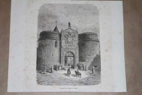 Antieke gravure - Stadspoort Bisagra Toledo (Spanje) - 1872!, Antiek en Kunst, Kunst | Etsen en Gravures, Ophalen of Verzenden