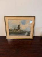 Schilderij molen stadsgezicht €30 jaren 60 vintage retro, Antiek en Kunst, Kunst | Tekeningen en Foto's, Ophalen of Verzenden