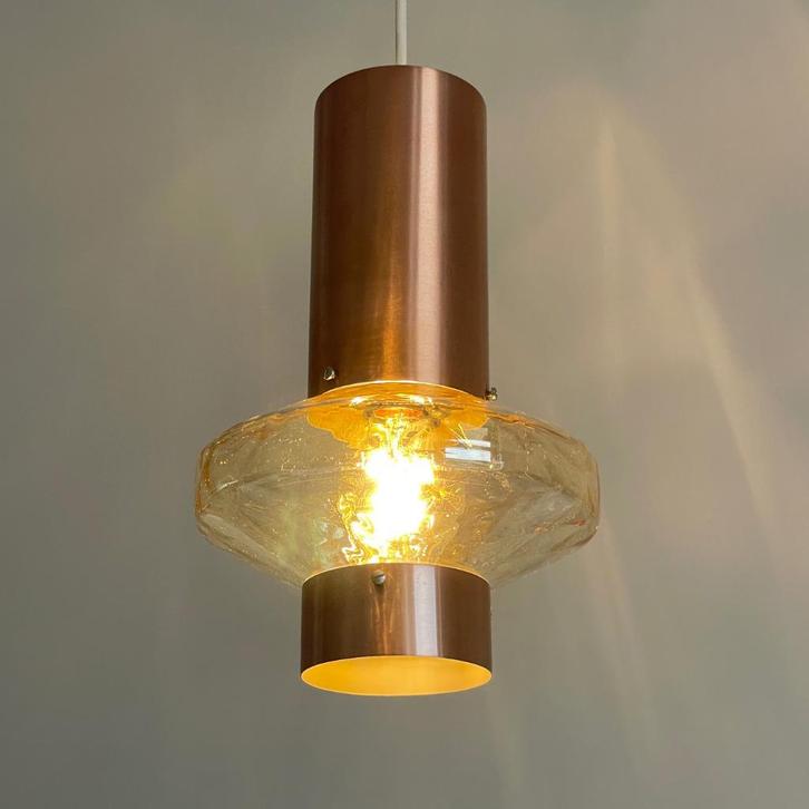 vintage Deens design LAMP koper met amber kelk Mid Century, Huis en Inrichting, Lampen | Hanglampen, Gebruikt, Minder dan 50 cm
