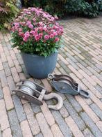 2 zware ijzeren metalen scheeps katrol katrollen hijsblok, Ophalen