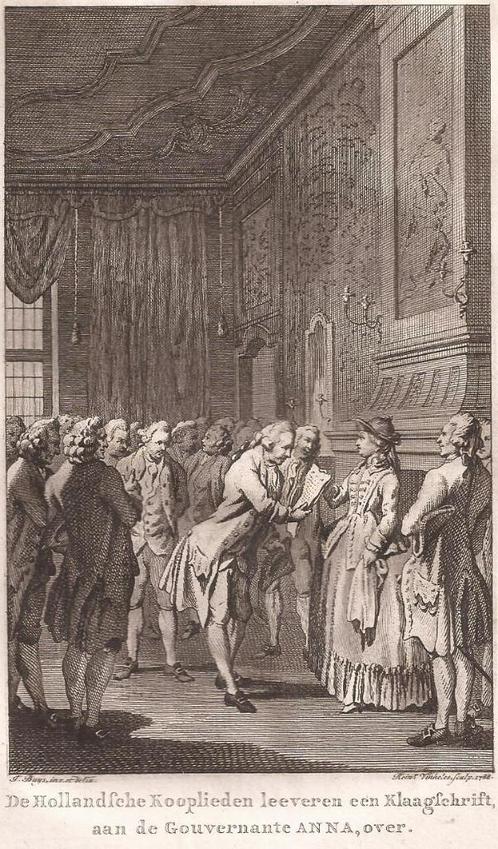 De Hollandsche Kooplieden leeveren een Klaagschrift aan Anna, Antiek en Kunst, Kunst | Etsen en Gravures, Ophalen of Verzenden
