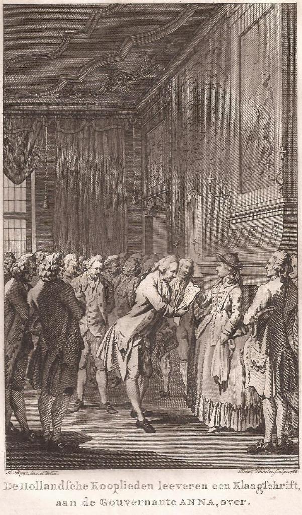 De Hollandsche Kooplieden leeveren een Klaagschrift aan Anna, Antiek en Kunst, Kunst | Etsen en Gravures, Ophalen of Verzenden