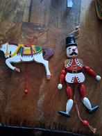 2 vintage houten trekpoppen paard en soldaat, Ophalen of Verzenden