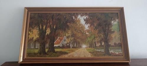 Landschap met bomenlaan en boerderij - Olieverf op doek, Antiek en Kunst, Kunst | Schilderijen | Klassiek, Ophalen