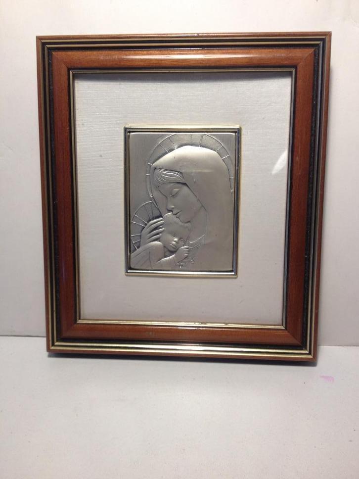 schilderijtje van zilver Maria met kindje, Antiek en Kunst, Antiek | Religie, Verzenden