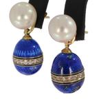 Rusland blauw emaille 14k fabergei ei hangers goud oorbellen, Ophalen of Verzenden, Goud, Hanger, Met edelsteen