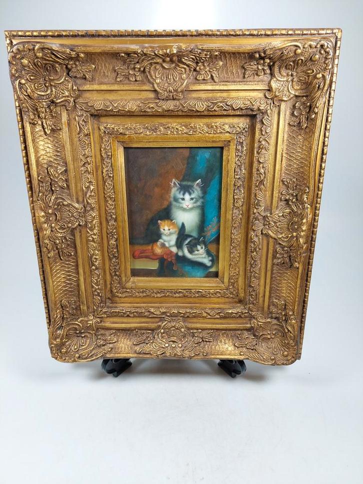 Ingelijst schilderij met poesjes uit Engeland, Antiek en Kunst, Kunst | Schilderijen | Klassiek, Ophalen of Verzenden