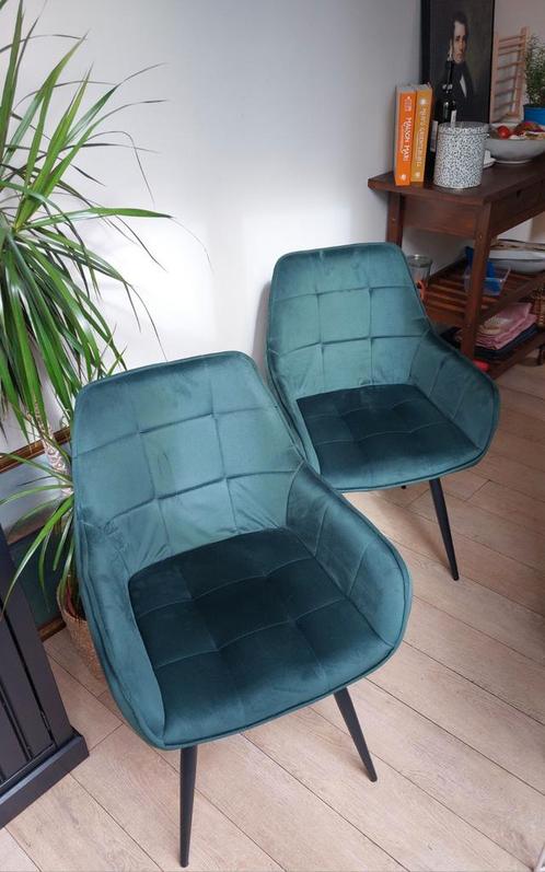 Eetkamerstoel groen velvet met armleuning 2 stuks., Huis en Inrichting, Stoelen, Zo goed als nieuw, Twee, Metaal, Stof, Overige kleuren