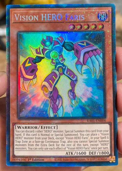 Yu-Gi-Oh! Vision HERO Faris RA01 1st Edition !, Hobby en Vrije tijd, Verzamelkaartspellen | Yu-gi-Oh!, Zo goed als nieuw, Losse kaart