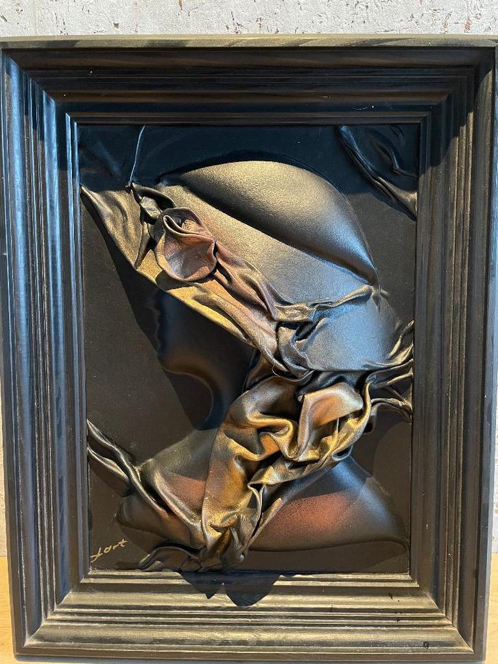 Vintage 3D Lederen Reliëf Schilderij - Vrouw met Hoed, Antiek en Kunst, Kunst | Schilderijen | Klassiek, Ophalen of Verzenden