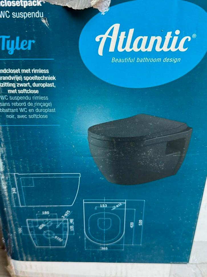 Atlantic hangend toilet Tyler randloos zwart incl. wc bril, Doe-het-zelf en Verbouw, Sanitair, Nieuw, Toilet, Steen, Ophalen