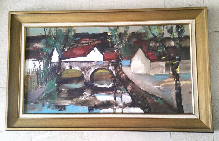 Dorp met brug en riviertje ca. 1960 - gesigneerd, Antiek en Kunst, Kunst | Schilderijen | Klassiek, Ophalen of Verzenden